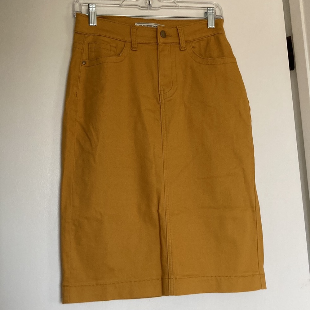 The Main Street Exchange mustard yellow denim midi skirt